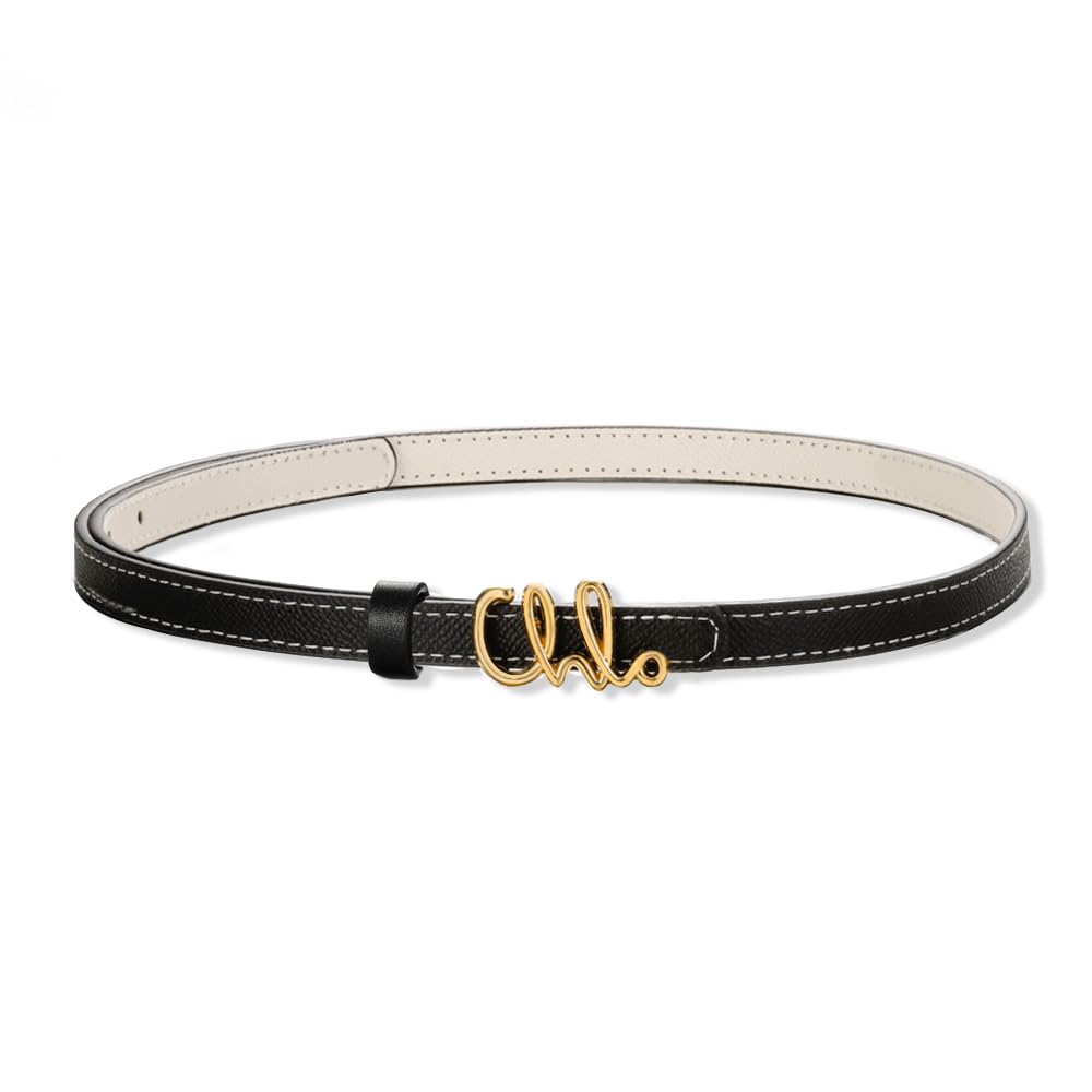 Womens Skinny Genuine Leather Belts Black White Trendy Thin Belt with Gold Buckle for Dresses