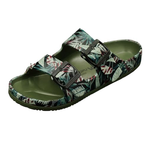 VICT POPU Womens Sandals Adjustable Double Buckle Strap Waterproof EVA Flat Slides 6 Banana Army Green