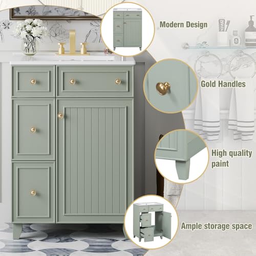 Image of 24 Inch Bathroom Vanity with Ceramic Sink, Freestanding Vanity Cabinet with 2 Drawers and 1 Door (Green)