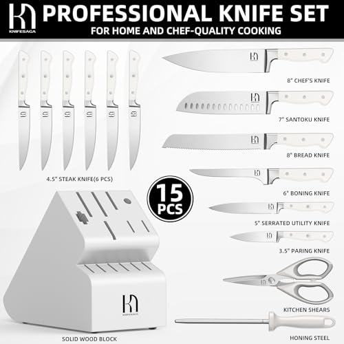Image of KnifeSaga Kitchen Knife Block Set, 15-Piece Enduring Ultra Sharp Knife Set, Japanese High Carbon Stainless Steel, Premium Forged Knives for Kitchen and Professional Chefs, White