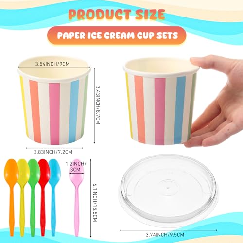 Eaasty 150 Pack Disposable Ice Cream Cups 12oz Colorful Paper Bowls with Lids and Spoons Leak Proof Dessert Container for Sundae Snack Yogurt Party Baby Shower Wedding Camping(Stripes,Colorful) by Eaasty - Image 2