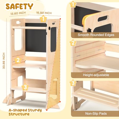 Image of Toddler Kitchen Step Stool, Adjustable Height Learning Standing Tower with Blackboard, Wooden Kitchen Stool Helper for Kids, 1-3 Year Old Boy Girl Gifts