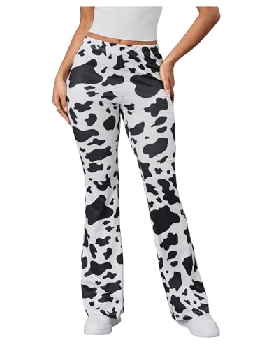 WDIRARA Women's Snakeskin High Waist Casual Flare Bell Bottom Stretch Long Pants Black Cow Large