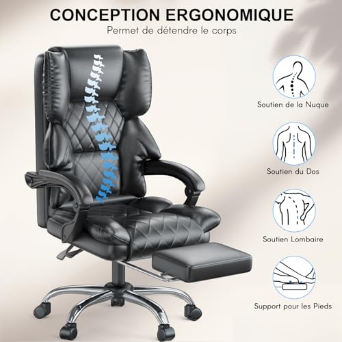 naspaluro Chaise Bureau Ergonomique avec Repose-Pieds, Chaise 150 kg Noir – vue 5