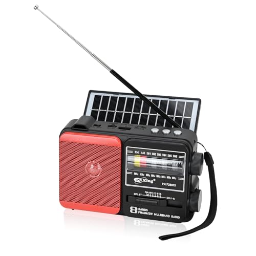 Portable FM AM SW Radio with Bluetooth, Solar Panel & Torch Light, USB/TF MP3 Player, Rechargeable Battery - Digital Battery Operated Radio for Home and Outdoors (Solar BT, Red)