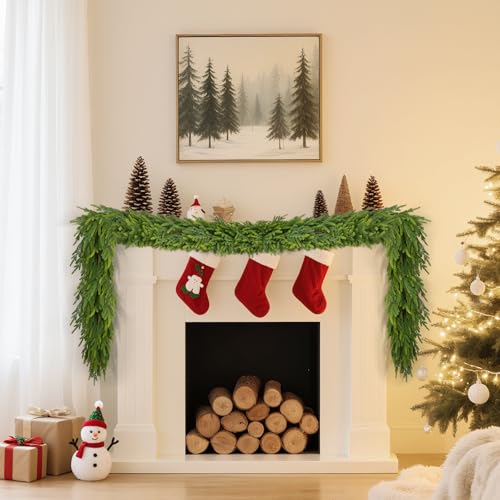 GarveeHome 9 Ft Realistic Christmas Garland, Real Touch Norfolk Pine Garland for Mantle, Dense Artificial Greenery Garland Decorations for Fireplace Stairs Railing Dining Table Indoor Outdoor, 1 Pcs