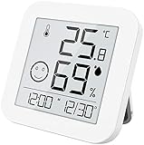 Übersichtliches E-Ink-Display mit extralanger Laufzeit • Zeigt Temperatur, Luftfeuchtigkeit, Datum und Uhrzeit • Messbereich: -20 °C bis +70 °C • Kinderleichte Bedienung über 3 Tasten • Zum Aufhängen oder Hinstellen • Komfort-Anzeige über 5-stufige Smiley-Skala