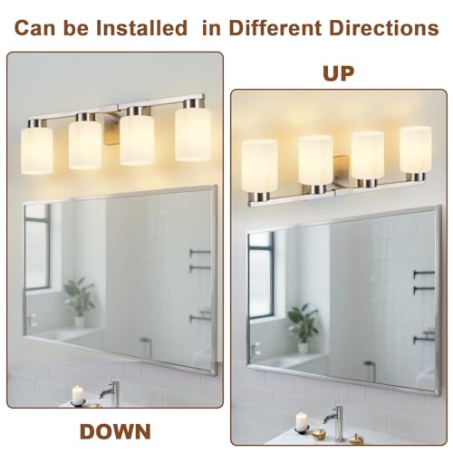 Image of 4-Light Bathroom Light Fixtures, Modern Vanity Lights, Brushed Nickel Metal Wall Lamp with White Marble Glass for Bathroom, Mirror, Living Room, Bedroom, Cabinet, Porch, Hallway, E26 Base