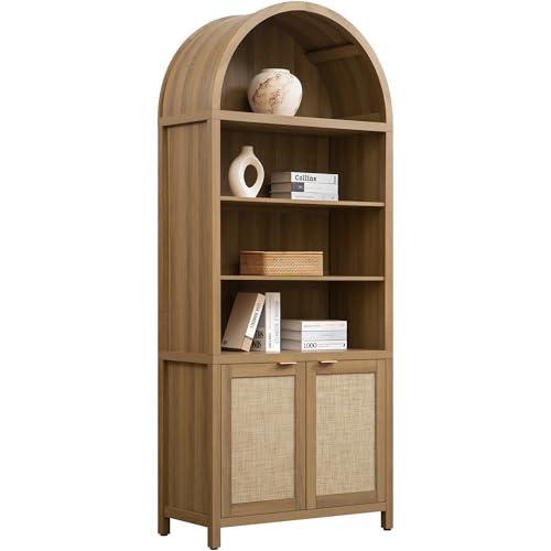 SICOTAS Book Shelf Arched Cabinet Bookshelf Arch 84.2" Tall Bookcase 5 Tier Large Bookshelves with Doors Storage Rattan Boho Wide Book Shelves Case for Living Room Kitchen Office Bedroom Library