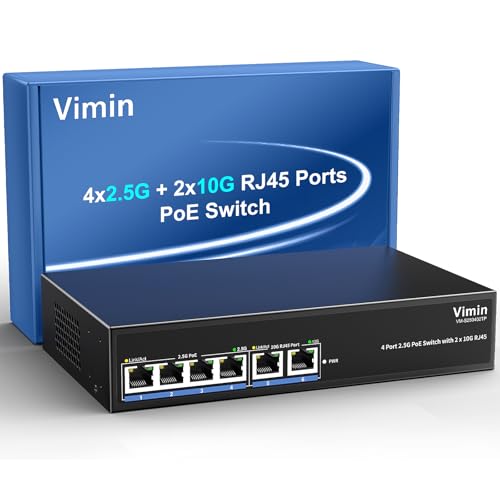 Image of 6-Port 2.5G PoE Switch with Dual 10GBASE-T, Vimin 4X 2.5G +2 x 10Gb RJ45 Ports Unmanaged PoE Switch, 60Gbps Capacity, 65W, 10G Switch Desktop Network PoE Switch for NAS, PC, Wireless AP