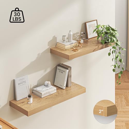 Image of Dreamland 36 inch Floating Shelves for Wall, 12 inch Deep Thicker Oak Floating Shelves, Wall-Mounted Shelves for Bedroom, Living Room, Kitchen, Bathroom - Set of 2