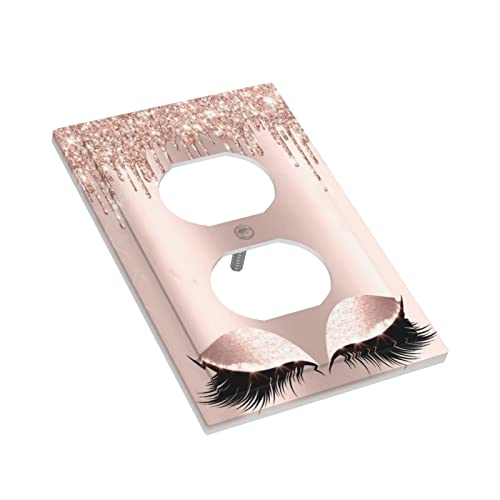Rose Pink Gold Eyelash Pretty Eyes Lash 1 Gang Single Electrical Duplex Outlet Cover Receptacle Device Plug Wall Plate Trendy Glitter Gorgeous Girl Women Switchplate Bathroom Decor Electric Faceplate #TOP2