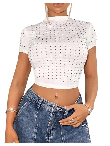 WDIRARA Women's Y2k Rhinestone Crop Tops Mock Neck Short Sleeve Slim Fit Tee Shirt