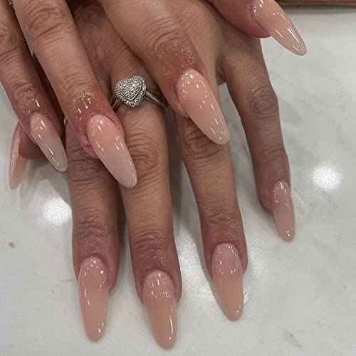 Baoximong Medium Press On Nails Almond Nude Fake Nails Glossy Glue On Nails Nature Full Cover Acrylic False Nails With Designs Stick On Nails For Women 24Pcs #TOP3