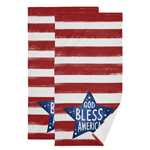 2Pcs Usa Flag Towels With Red Stripes Blue Star, God Bless America Larger Hand Face Towels, Veteran Day Patriotic Microfiber Fingertip Towel Fast Drying Washcloth For Bathroom Spa Guest Gift #TOP14