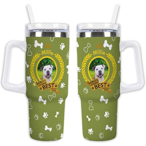 GABSHAIM Personalized Pitbull Dog Tumbler Crown and Wheat Wreath Stainless Steel Travel Mug 40oz Tumbler with Handle Straw Lid World's Best Dog Bones Paws Decor Coffee Cup Style 3