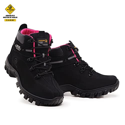 Bota Feminina Para Trabalho Passeio Trilha Em Couro Legitimo Conforto (Preta-Rosa, BR, Adulto, Numér