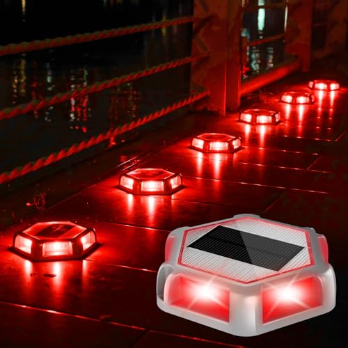 CREPOW Solar Dock Lights Driveway Deck Lights - 12 Packs Waterproof Outdoor LED Aluminum Dock Lighting Warning Step Light for Driveway Sidewalk Garden Pathway Yard (Red)