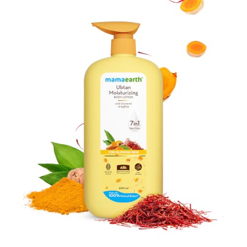 Image of Mamaearth Ubtan Moisturizing Body Lotion with Turmeric & Saffron for Glowing Skin 600 ml | 48H Moisturization | Nourishes Dry Skin | 7in1 Total Care | 100% Natural Butter | Non-Greasy Smooth