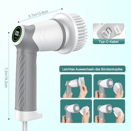 Elektrische Reinigungsbürste, Reinigungsgerät für Haushalt, Kabellos Power Spin Scrubber mit 7 Bürstenköpfen, 2 Speed Integrierte übertragung, Cleaning Brush für Fliesen, Duschen