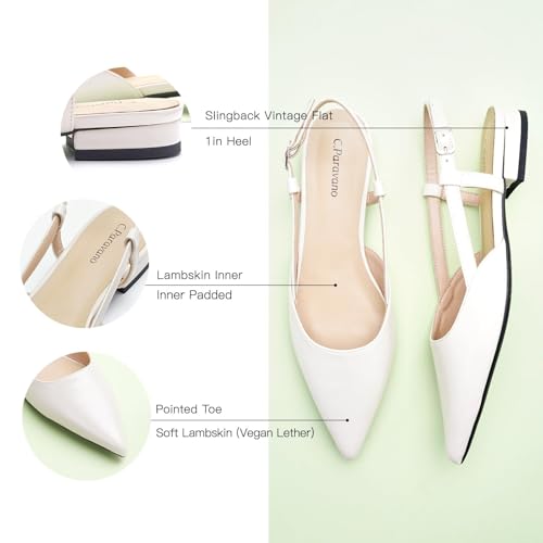 Image of C.Paravano Slingback Flats | Pointed Toe Flats | Slingback Sandals | Women's Slingback Dress Shoes | Adjustable Buckle Sandals(Size 8.5,Off-White)