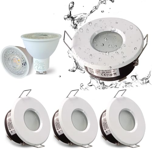 Image of 4XSweier IP65 White Waterproof Led Downlights for Bathroom, 5W Cool White 6000K 430LM, LED Ceiling Spotlight (Incl. GU10 lamp Holder) for Bathrooms and Kitchens, Downlight Cutout 68mm