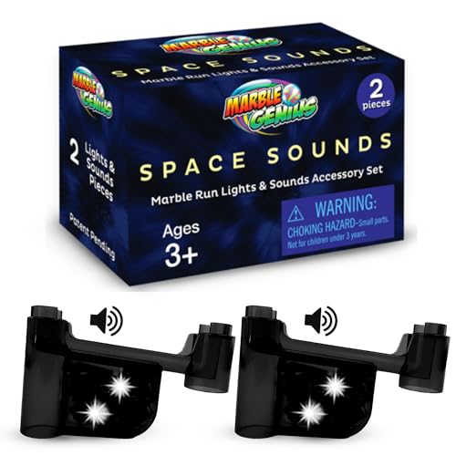Marble Genius Marble Run Lights & Sounds Accessory Set - 9 Randomized Space Sounds and 2 Flashing Lights, Compatible with Any Marble Genius Set, for Ages 3 and Above, Black-Space Sound