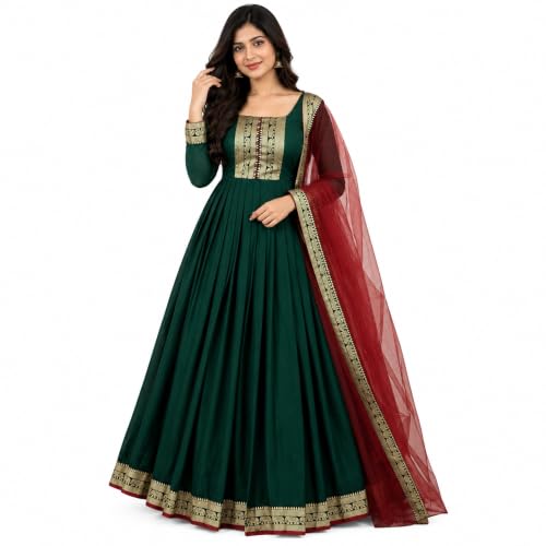 Image of Elegant Vichitra Silk Gown with Jacquard Zari Border - Includes Soft Net Dupatta with Lace Trim - Parrty Wear Ethnic Dress for Women & Girls