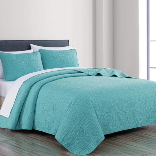 Image of Chezmoi Collection Austin 3-Piece Oversized Bedspread Coverlet Set (Queen, Turquoise) (Pack of 6)