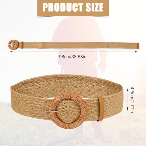 2pcs Braided Waist Belts for Women, Straw Woven Elastic Belt Summer Dress Belts Boho Wide Stretch Braided Belt with2