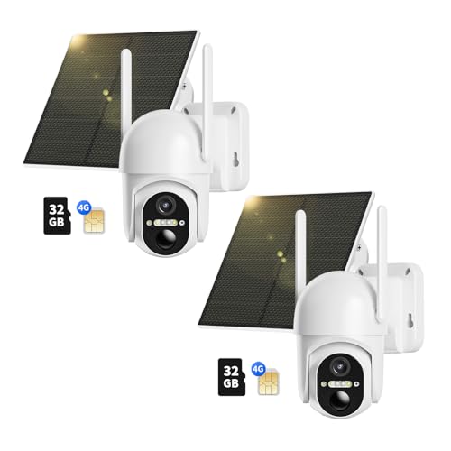 NUASI 4G LTE Telecamera con SIM e 32GB Scheda【2 Pezzi】, 2K 360° PTZ Telecamere Senza Fili Esterno con Pannello Solare, Visione Notturna a Colori, Audio Bidirezionale, PIR Rilevamento, IP66