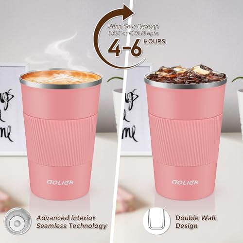 Image of Travel Mug 380 ml, Insulated Coffee Cup with Lid, Reusable Stainless Steel Thermal Cup for Coffee, Tea & Cold Drinks, Leak-Resistant Double-Walled Travel Mug, Grapefruit