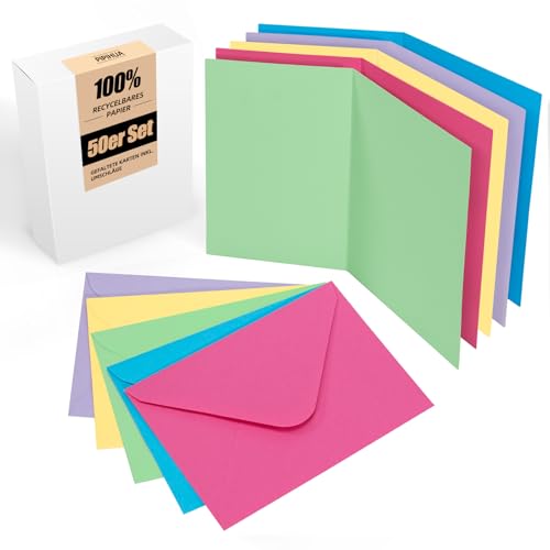 50er Set Klappkarten Blanko mit Umschlag: Klapp-Karten zum Selbstgestalten, Beschriften oder Bedrucken für Grußkarten, Hochzeitseinladungen, Postkarten und handgemachte Karten - DIN A6/C6, Farbig Bunt