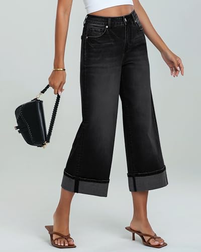 GRAPENT-Wide-Leg-Jeans-for-Women-High-Waisted-Stretchy-Denim-Capri-Pants-Fold-Hem-Cropped-Baggy-Capris-Jeans-with-Pocket 41vGciDoZLL