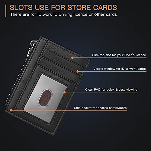 GOIACII Genuine Leather Minimalist Wallet for Men Purse Pouch Slim Front Pocket RFID Blocking ID Window 6 Credit Debit Card Holder Zipper with Gift Box (Black), 2064