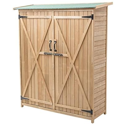 S AFSTAR Outdoor Storage Shed, Wooden Garden Tools Shed with Double Lockable Door, Detachable Shelves, Pitch Roof, Garden Storage Cabinet for Backyard Patio Lawn Deck Porch, 56”L x 20”W x 65”H