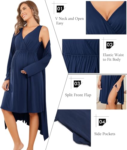 Image of Ekouaer Maternity Nursing Gown and Robe Set Labor Delivery Nursing Nightgowns for Breastfeeding Pregnancy Clothes