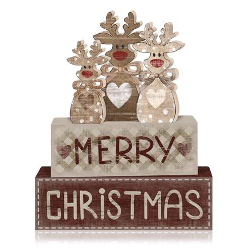 4 Pcs Christmas Decorations for Home Coffee Reindeer Table Decor Merry Christmas Tiered Tray Decorations Set Gift Rustic Farmhouse Tabletop Decor for Table Home Office