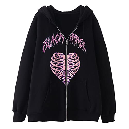Sawmew Femmes Squelette Zip Up Hoodie Squelette Vêtements E-Girl 90s Y2k Veste Sweat Crâne Pull pour Femmes (Color : Black 2, Size : S) thumbnail