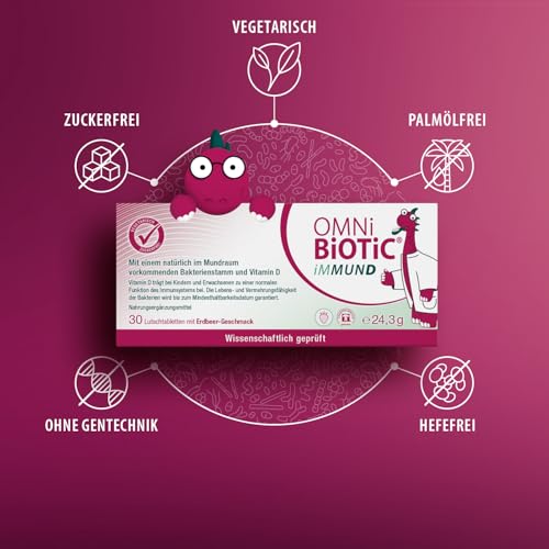 OMNi BiOTiC iMMUND | 10 Lutschtabletten | 1 Bakterienstamm | 1 Mrd Keime pro Lutschtablette | Mit Vitamin D | Vegetarisch | Zuckerfrei | Zur täglichen Anwendung | Auch für Kinder | Erdbeergeschmack