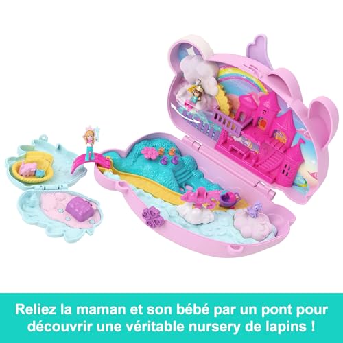 Polly Pocket Coffret de Voyage Lapin avec 2 Mini-Figurines et 12 Accessoires, Dont des Animaux de Compagnie, Coffret Sac à Main 2 en 1 thème Lapin Licorne