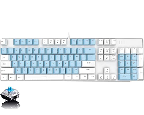 Basaltech Teclado mecánico para juegos con retroiluminación LED azul, interruptor marrón antifantasma de 104 teclas, panel de metal intercambiable en caliente, teclado con iluminación, diseño ergonómico con cable USB para PC, portátil, Mac (azul-blanco)