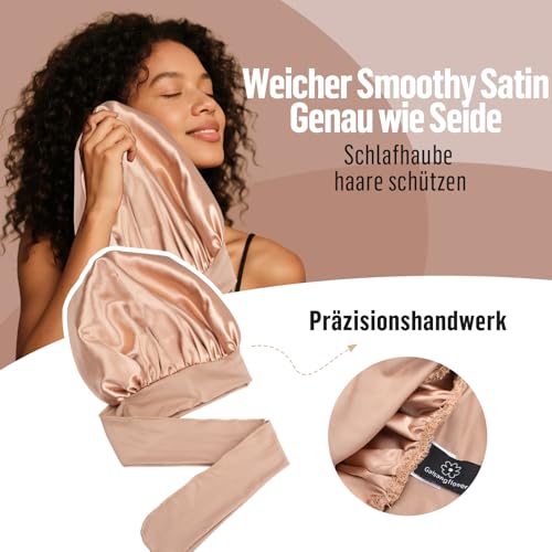Galsangflower Doppelseitige Satin Schlafhaube mit Band, Doppelschichtige Seidenhaube für Lockiges & Langes Haar, Extra Große Haube für Nächtlichen Haarschutz, Champagner