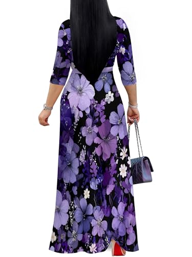 Image of Women Plus Size Long Sleeve V Neck Maxi Dress with Belt | Soft fabric relaxed fit three quarter sleeve v neck with pockets for party and daily wear