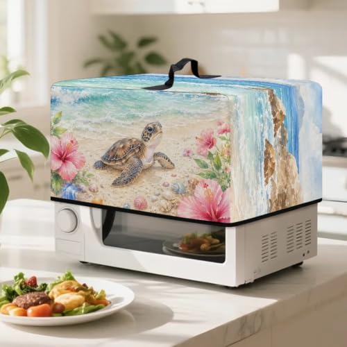 Image of Microwave Oven Cover, Air Fryer Toaster Oven Dust Cover Protective Dust-Proof Countertop Appliance Protector, S, 18.25 x 14.5 x 11 Inches, Beach Sea Turtle Hibiscus Flower