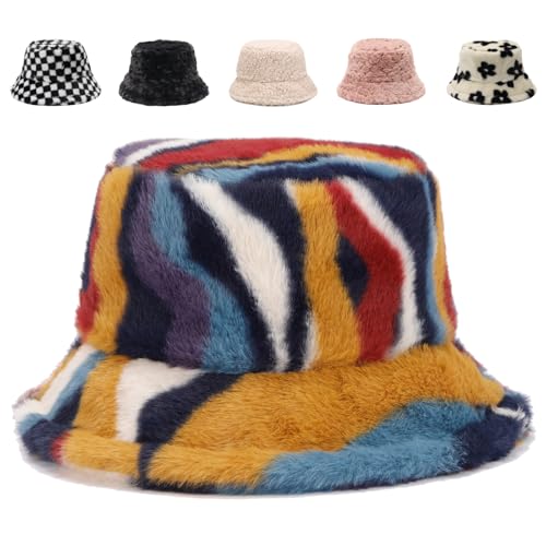 Image of Bucket Hat Women Furry Fuzzy Bucket Hats for Ladies, Winter Warm Fluffy Plush Faux Fur Hat for Women