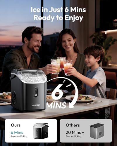 EUHOMY Nugget Ice Maker Countertop with Handle, Ready in 6 Mins, 35lbs Per Day, Removable Top Cover, Auto-Cleaning, Portable Sonic Ice Maker with Basket and Scoop, for Home/Party/RV/Camping - 1
