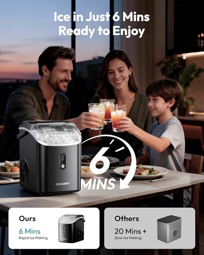 EUHOMY Nugget Ice Maker Countertop with Handle, Ready in 6 Mins, 38lbs/Day, Removable Top Cover, Self-Cleaning, Portable Chewable Ice Maker with Basket, Scoop, for Home/RV/Party/Camping (Black)