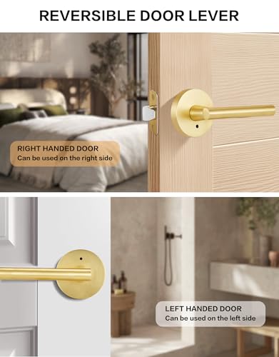 Image of Lethato 6 Packs Gold Interior Door Handle, Brushed Gold Door Handles Interior, Heavy Duty Interior Bedroom Lever Door Handle for Bathroom