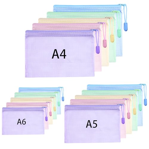 15 Stück Dokumententasche A4+A5+A6, Dokumentenmappe mit Reißverschluss Wasserdichte Reißverschlusstasche Dokumententaschen für Schule Büro Datei Testpapiere Quittungen Kosmetika, 5 Farben